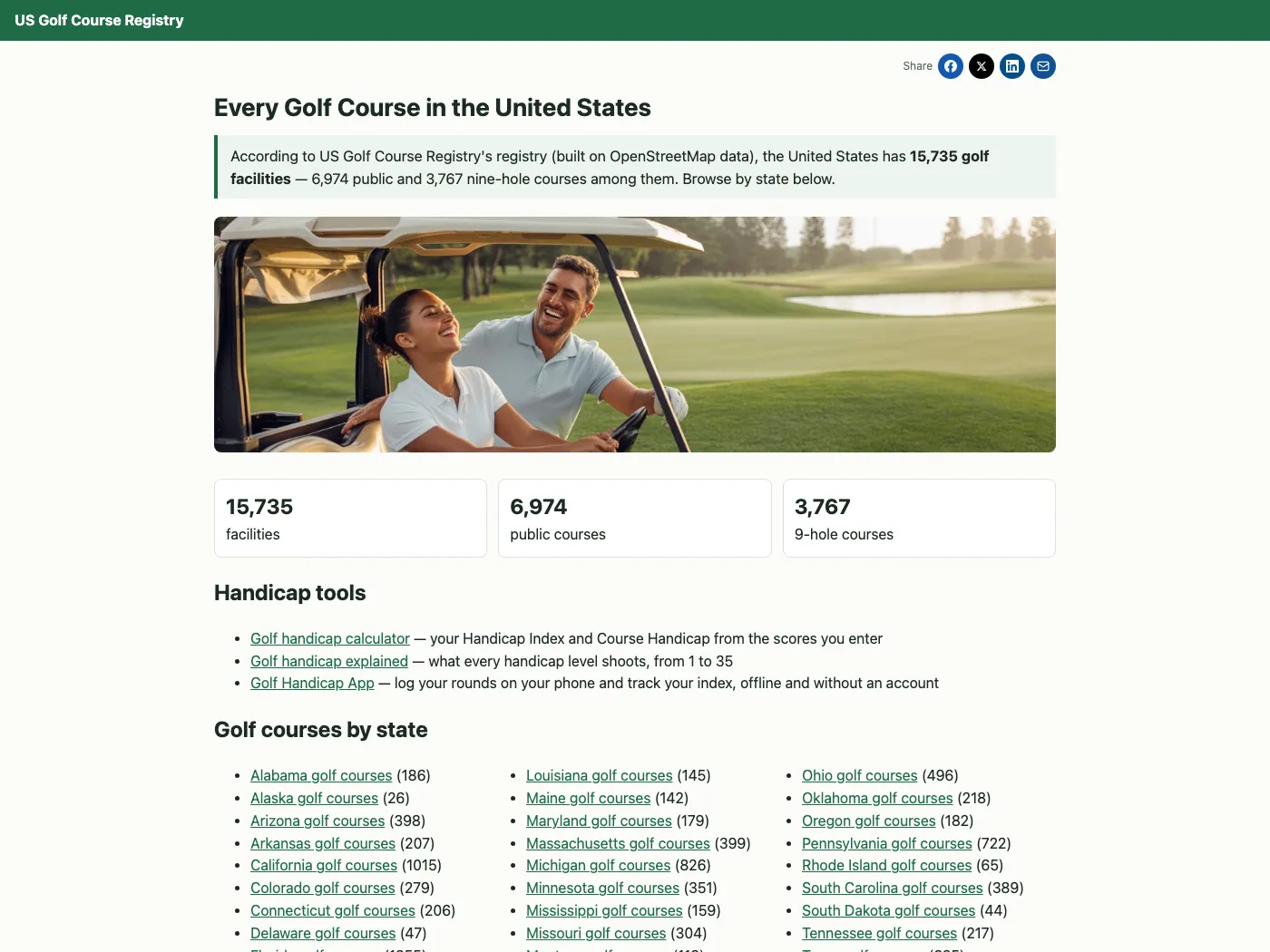 Startsidan på golfcourseregistry.com