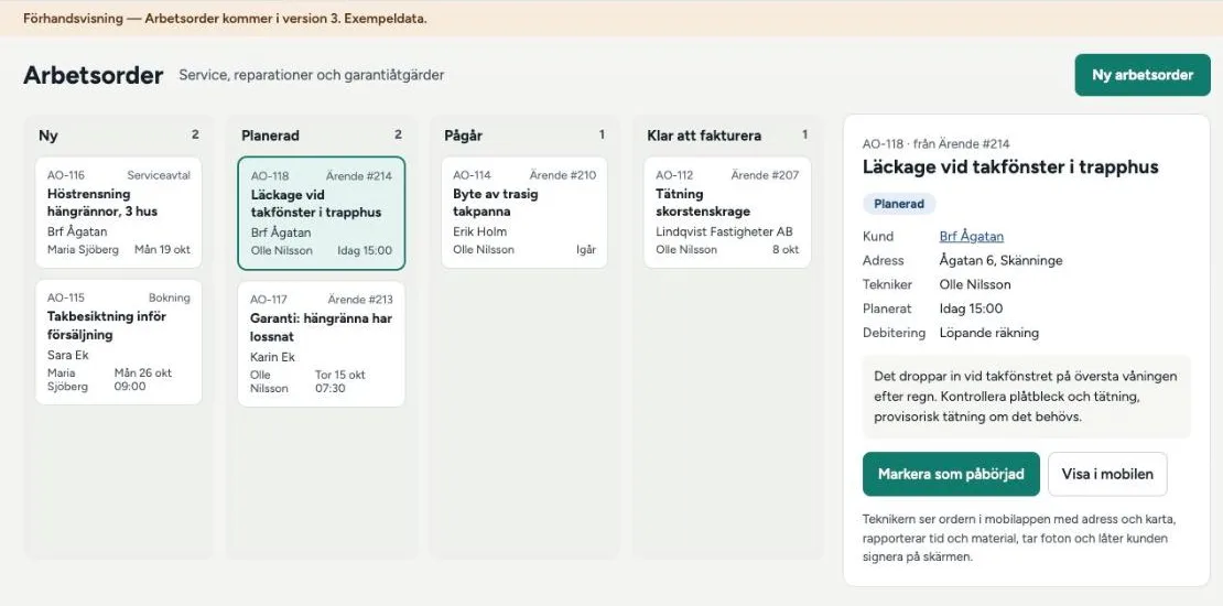 Arbetsorder i en tavla med kolumnerna Ny, Planerad, Pågår och Klar att fakturera, och detaljer för vald order
