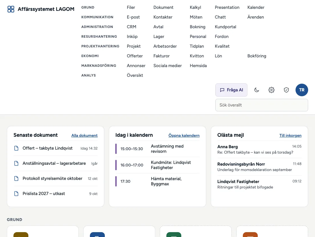 Startsidan i Affärssystemet LAGOM: meny med alla moduler grupperade per område, senaste dokument, dagens kalender, olästa mejl och modulkort