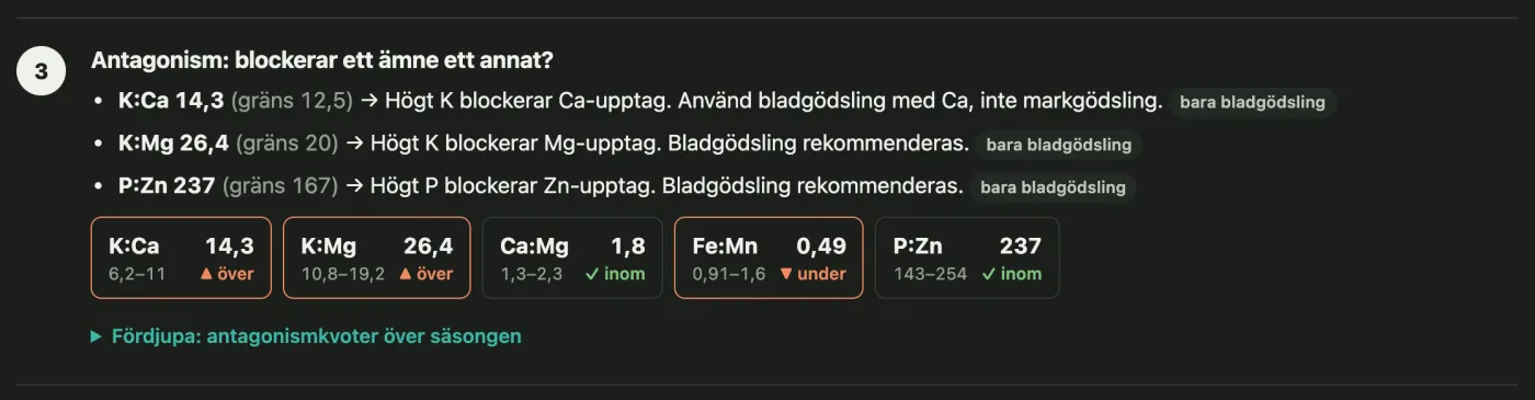 Steg 3: antagonismer — K:Ca, K:Mg och P:Zn över gränsvärdena, med beslutet bara bladgödsling